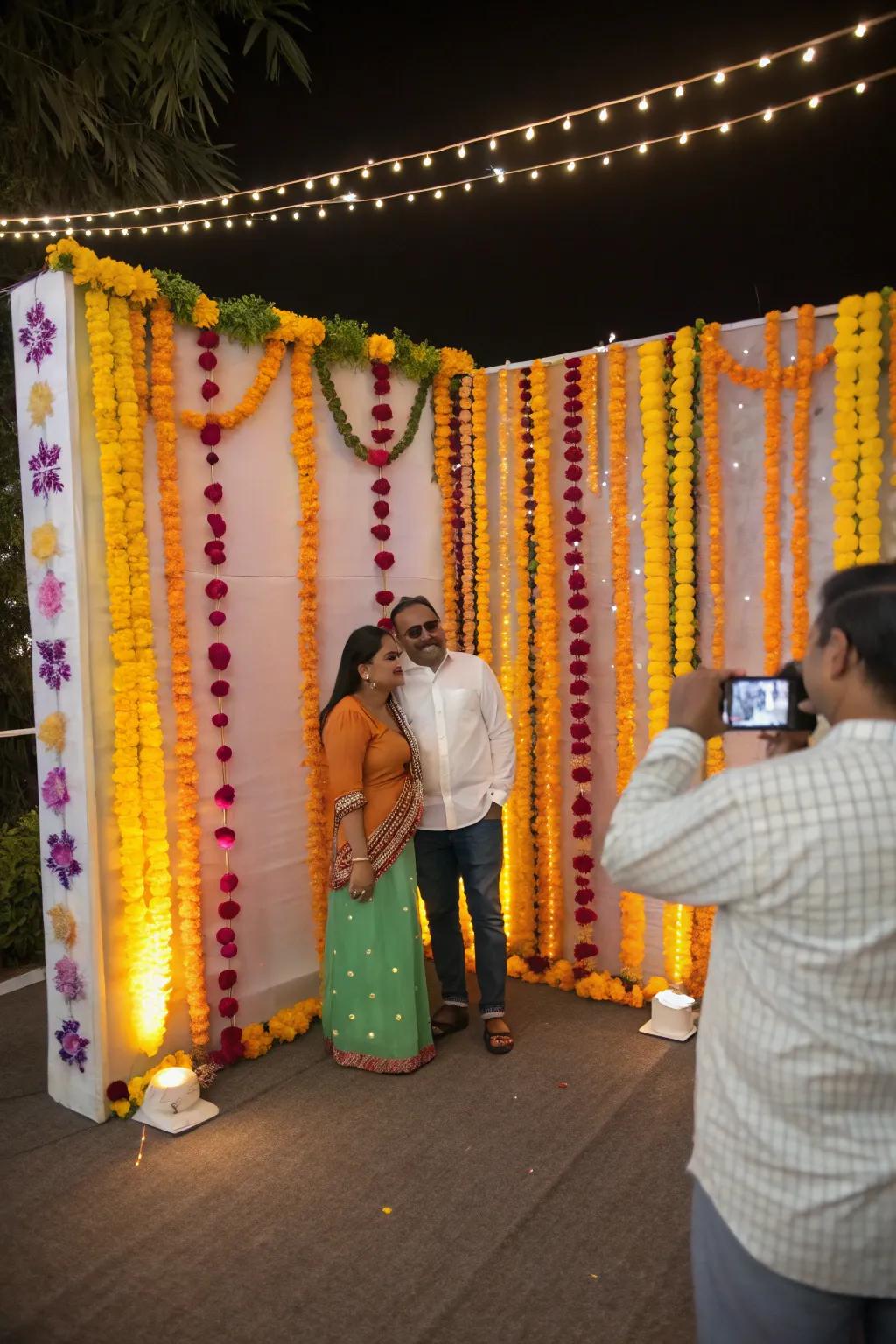 Marigold garlands adding a traditional touch to the photo booth.