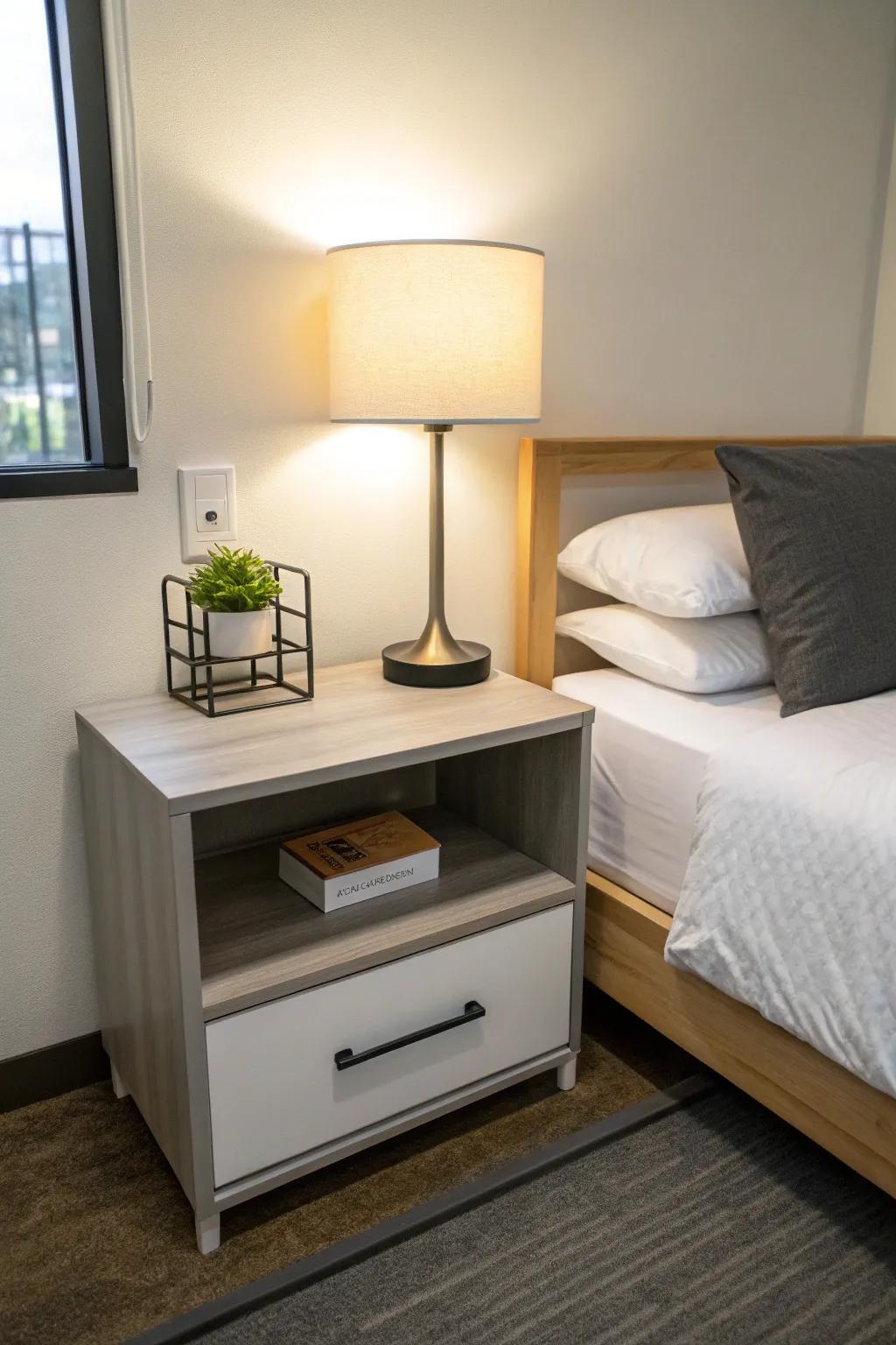 A minimalist nightstand contributes to a clean and serene dorm environment.