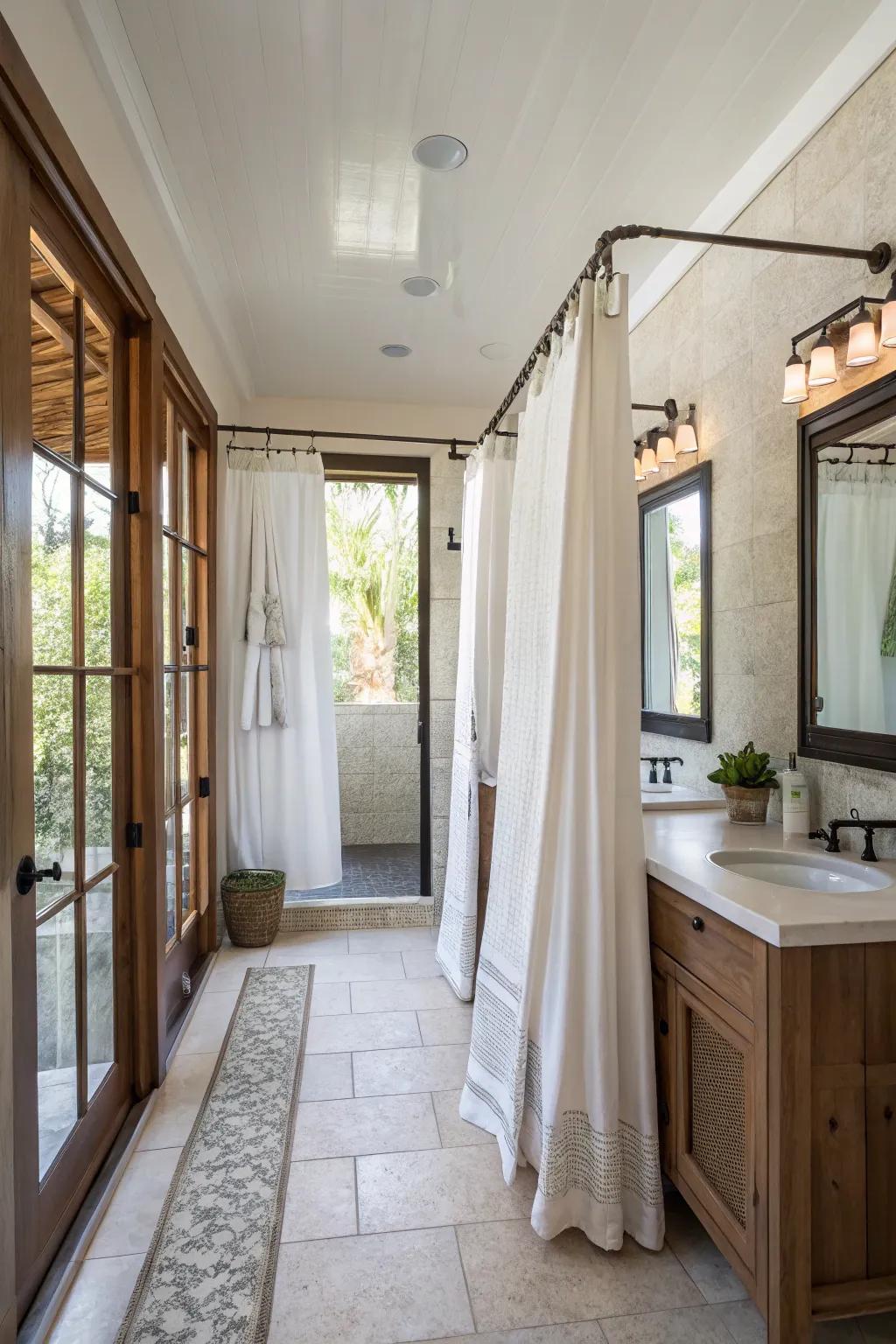 Curtains can creatively divide space within an open bathroom layout.