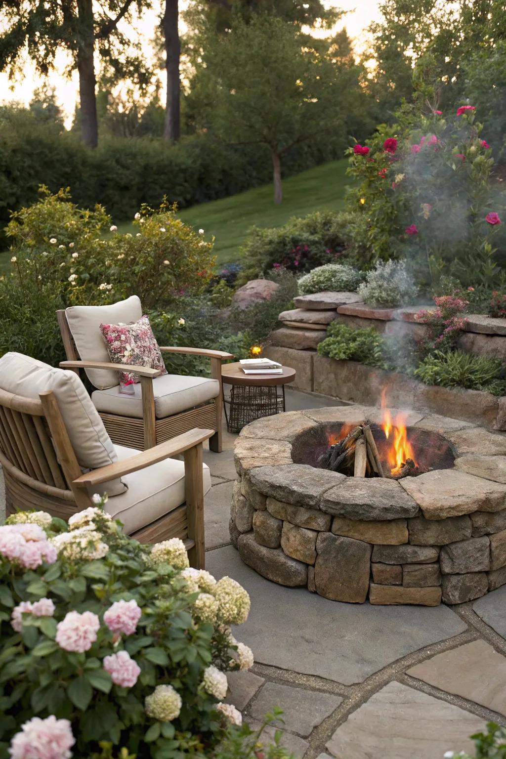 A cozy fire pit for warm gatherings in the garden.