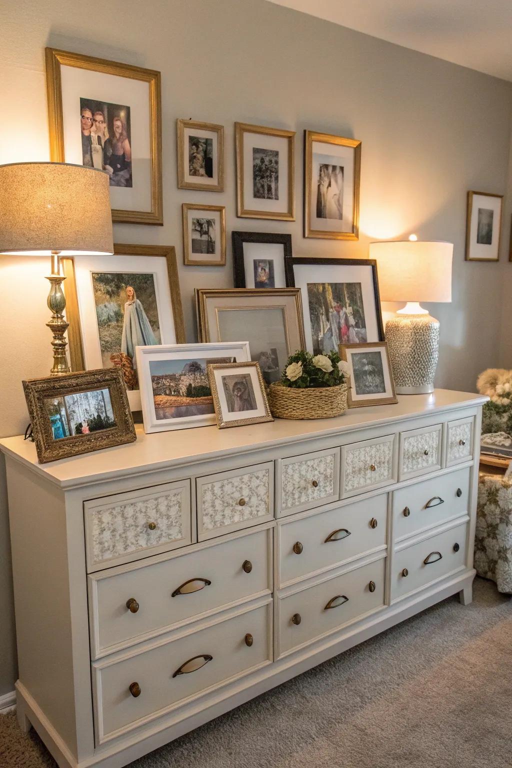 Framed art adds a personal and artistic touch to the dresser.