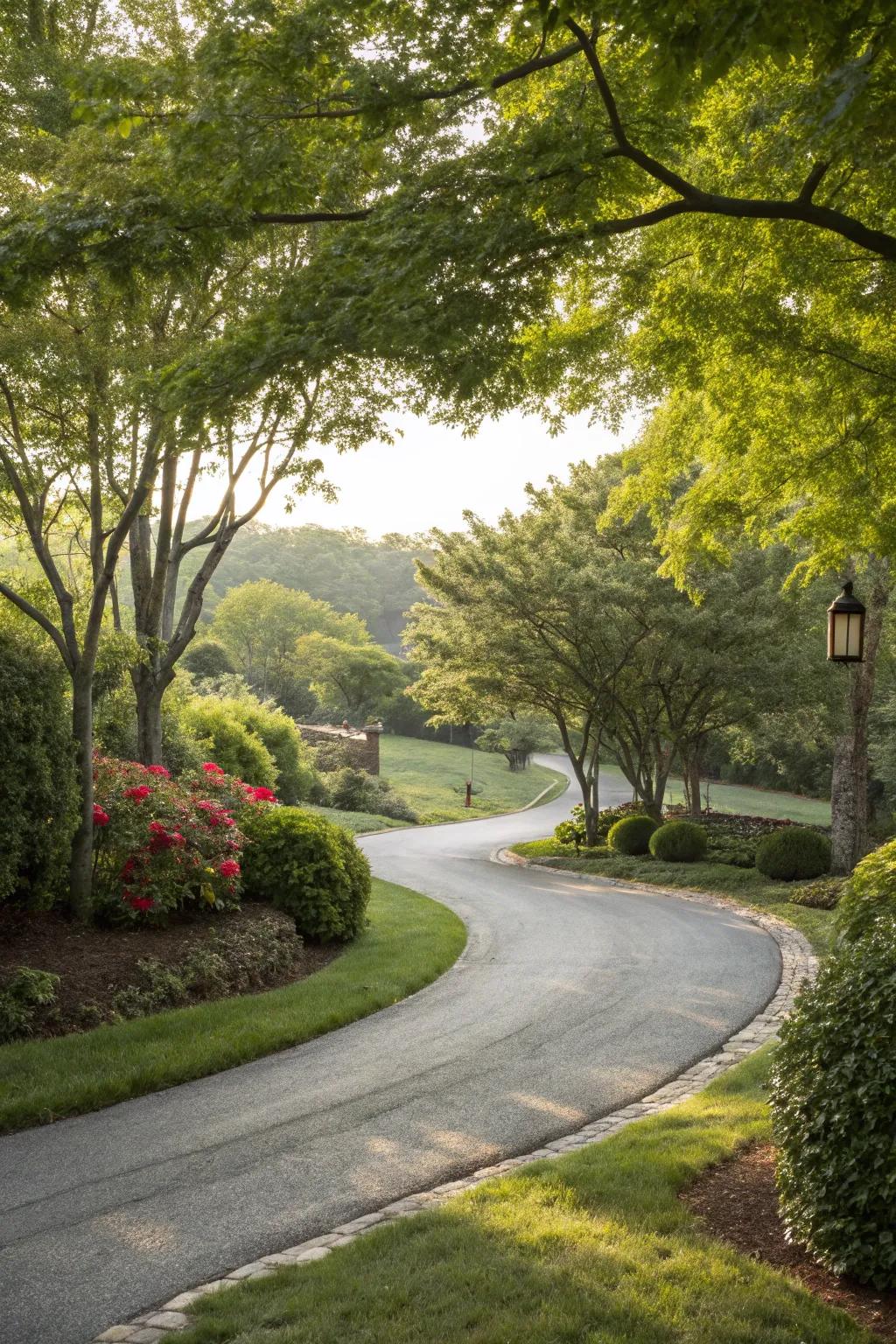 Curved driveway layout enhancing the landscape's flow.