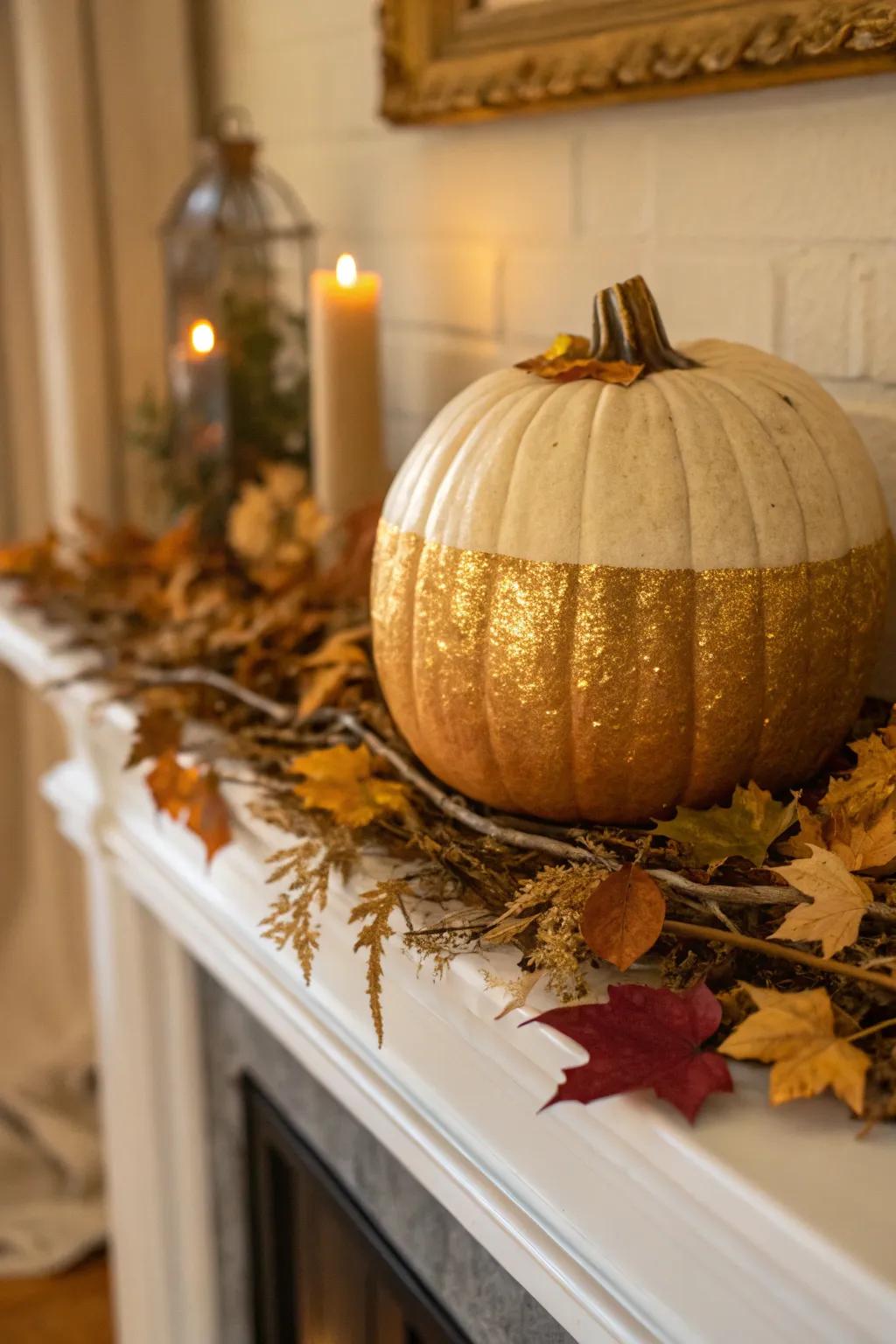 This gold-dipped pumpkin adds a touch of glamour to any Halloween setting.