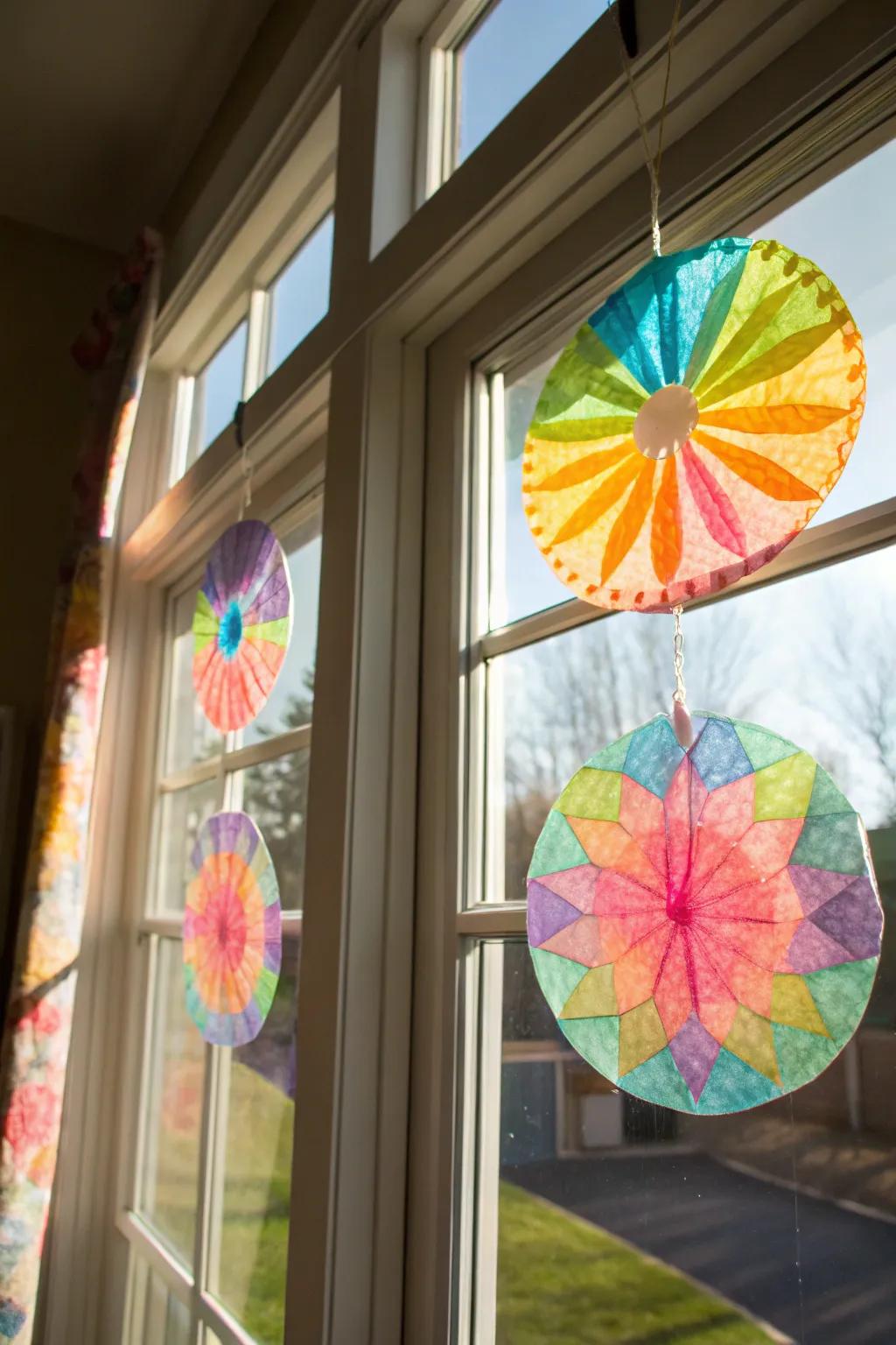 Coffee filter suncatchers capturing sunlight.