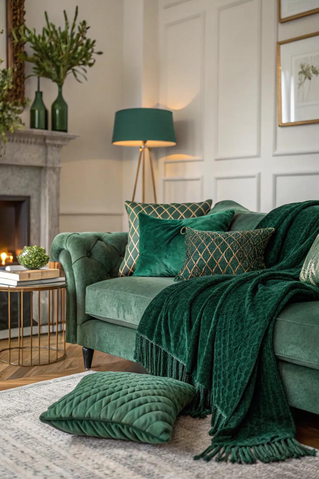 Layered textures in emerald green for a cozy feel.