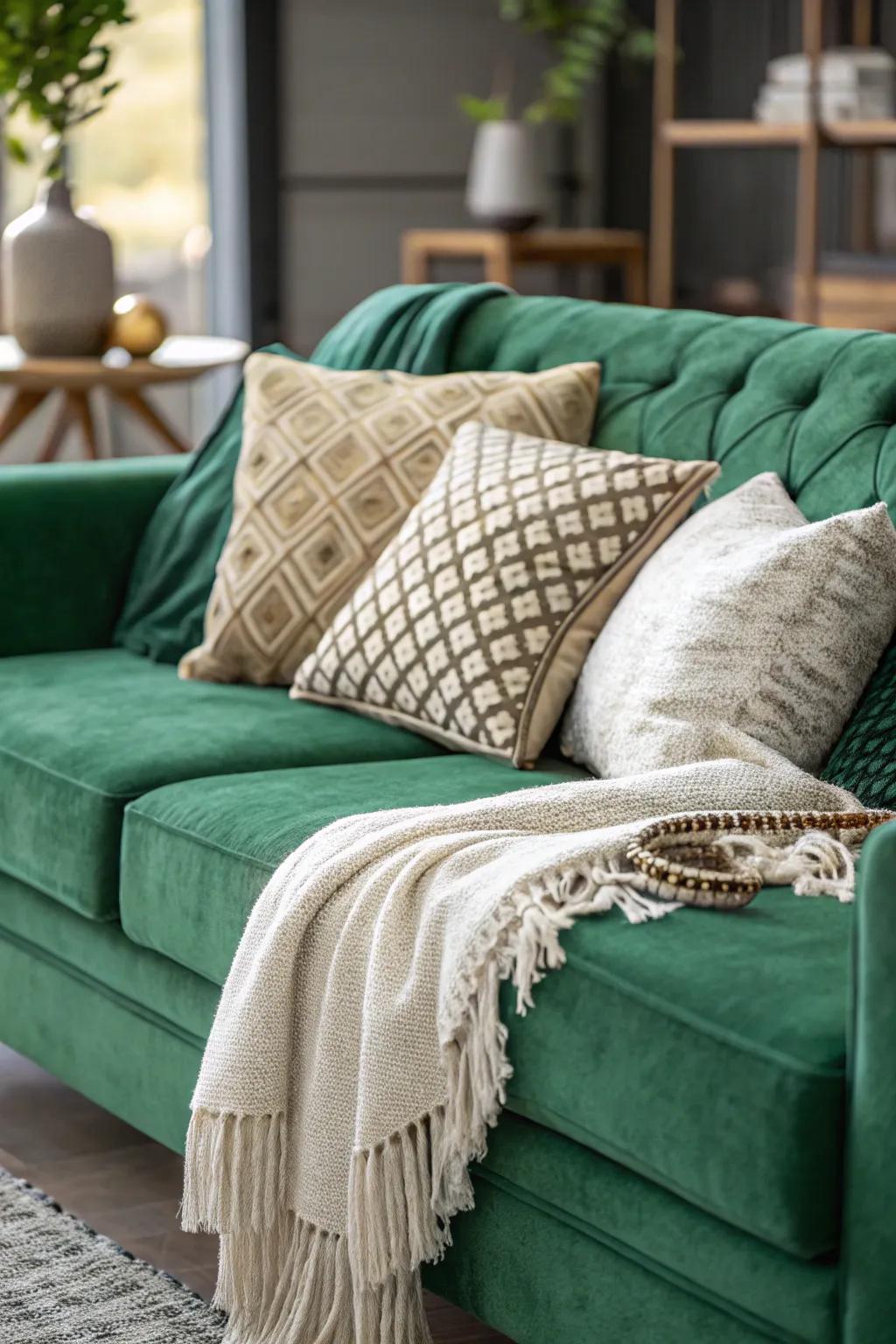 Textured cushions add comfort and style to an emerald sofa.