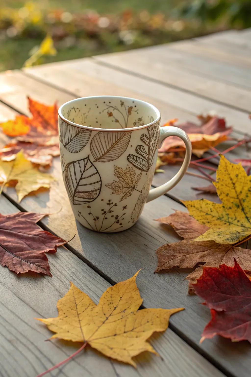 Cup with intricate leaf and foliage patterns.