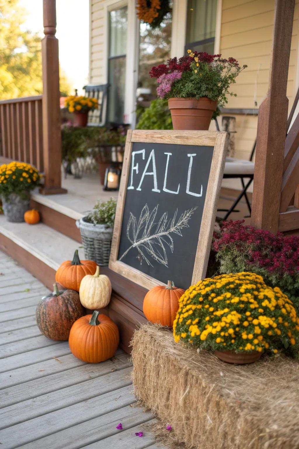 A chalkboard sign that lets you customize your autumn greetings.