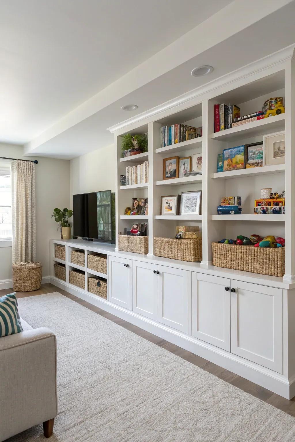 Built-in storage keeps the family room tidy and serene.