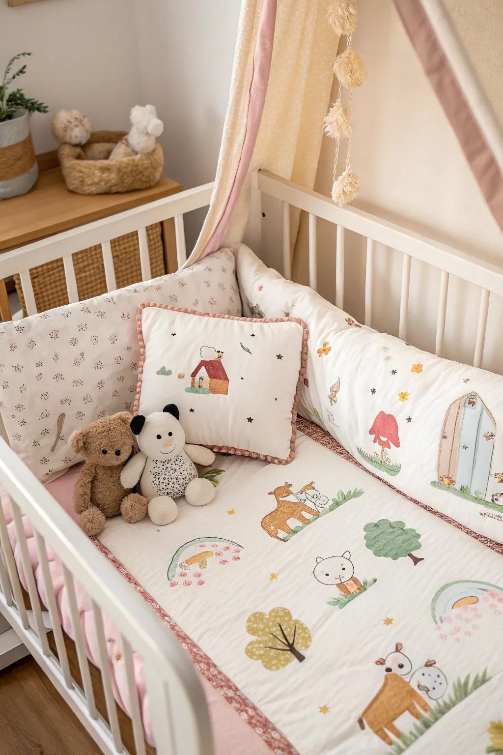 Farm animal bedding adds a cozy touch to your nursery.