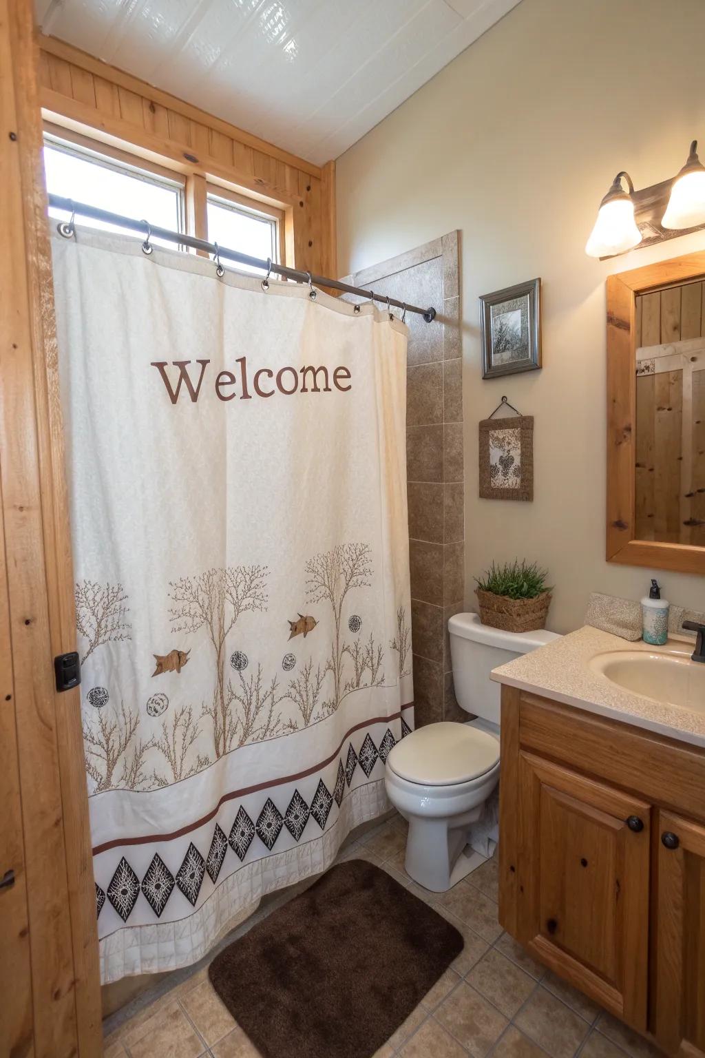 A bathroom featuring a shower curtain with warm and inviting welcome messages.