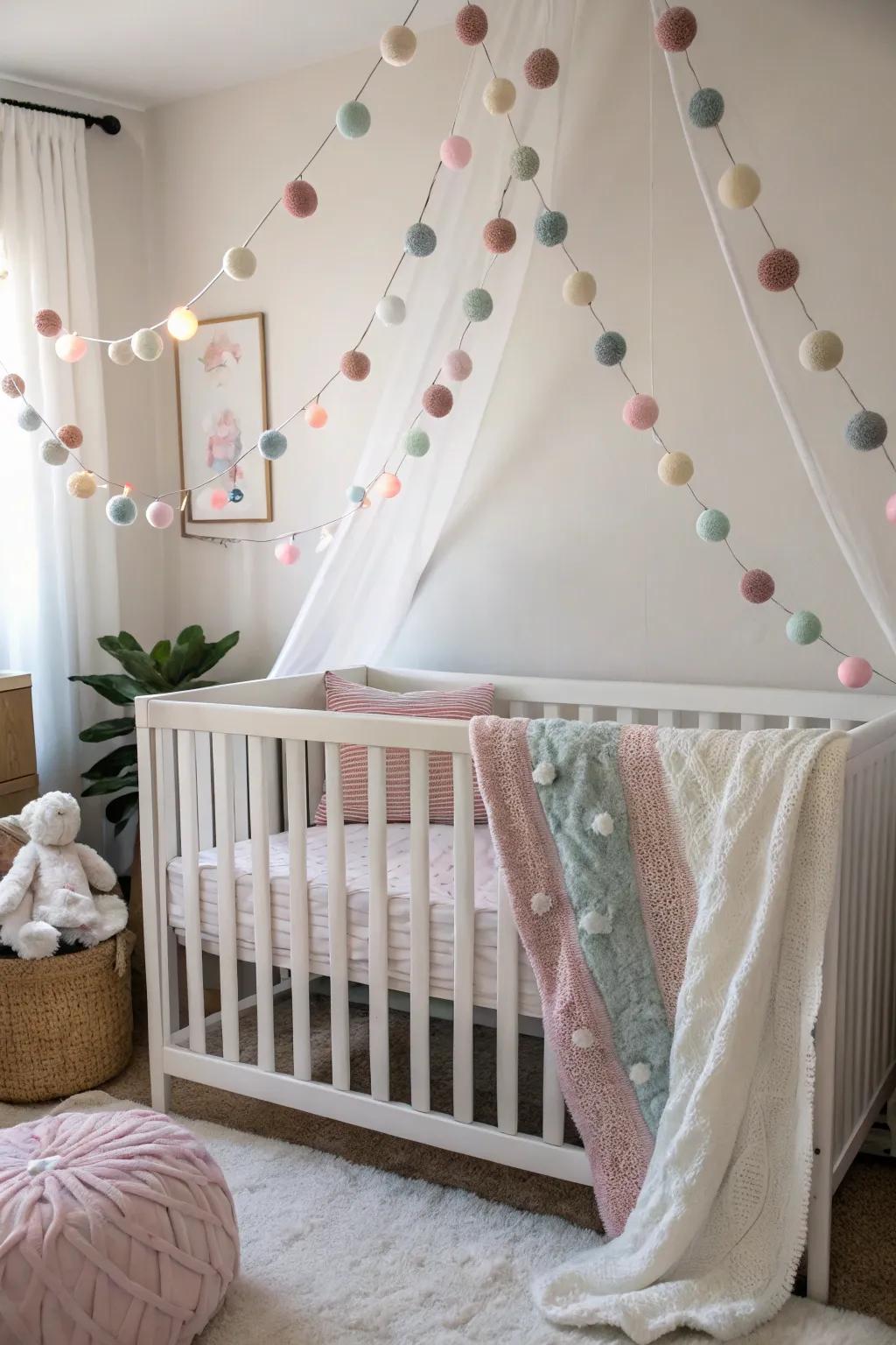 Pastel felt ball garlands create a peaceful and charming atmosphere in nurseries.