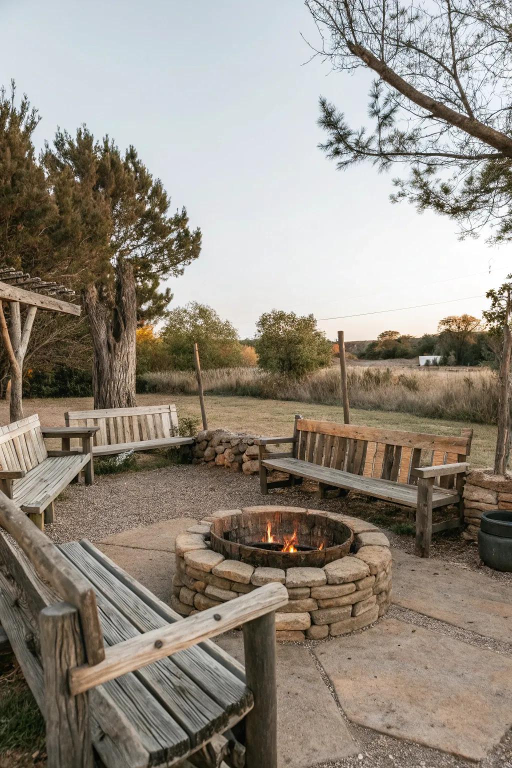 Rustic wooden benches provide a natural touch to the fire pit area.