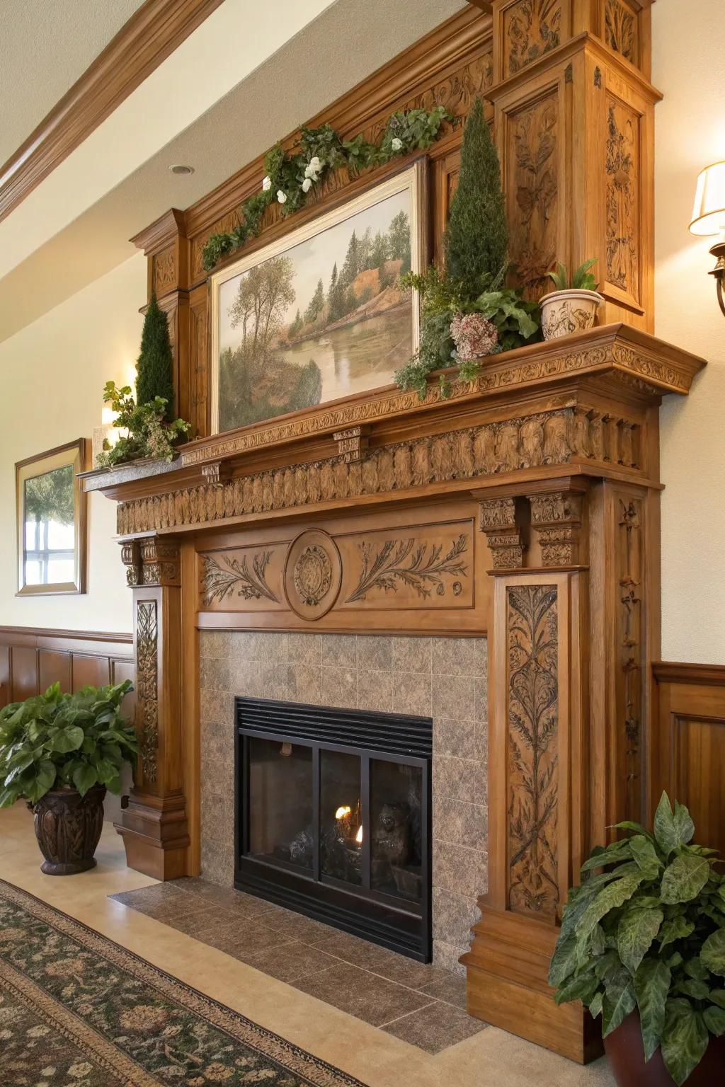 A prominent mantel serves as a stunning display area above the fireplace.