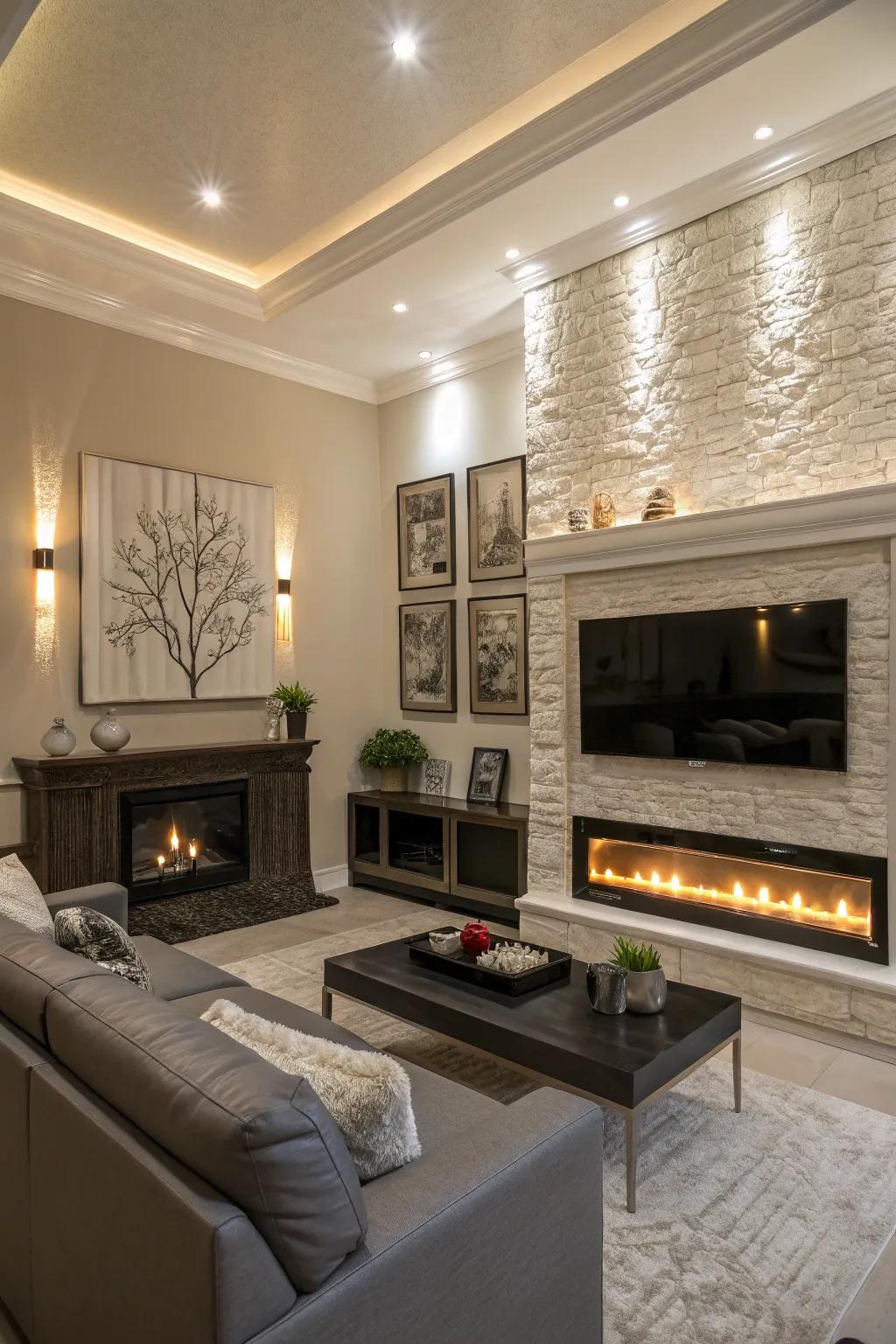 A living room showcasing accent lighting on a fireplace wall with TV.