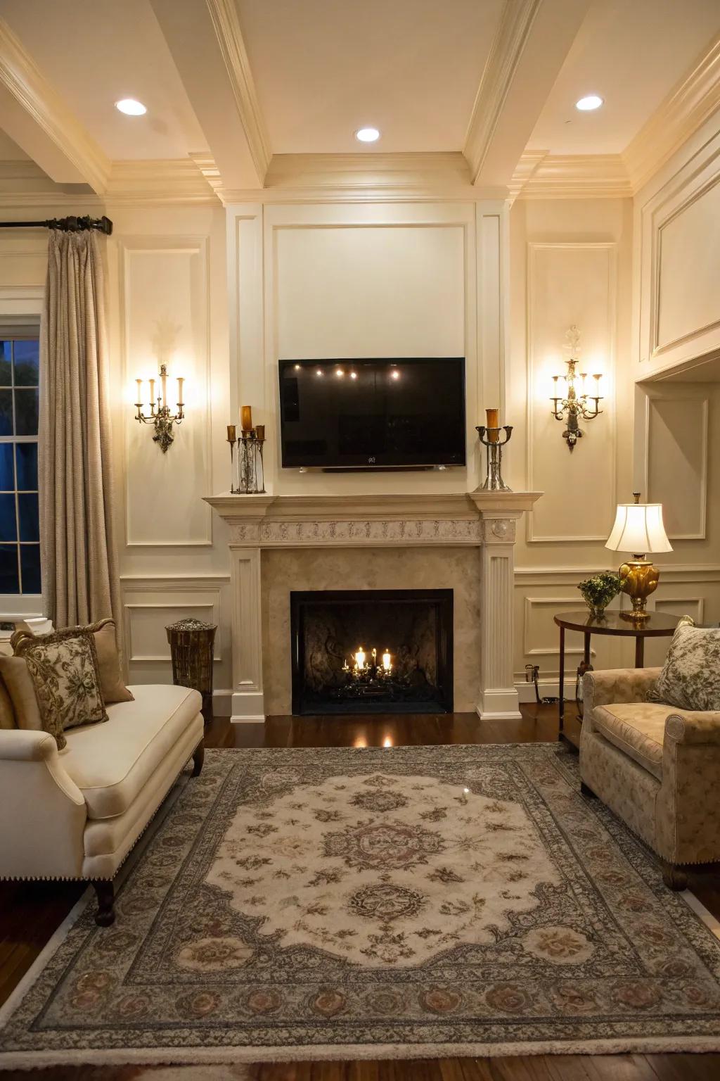 A symmetrically designed living room with a fireplace and TV setup.