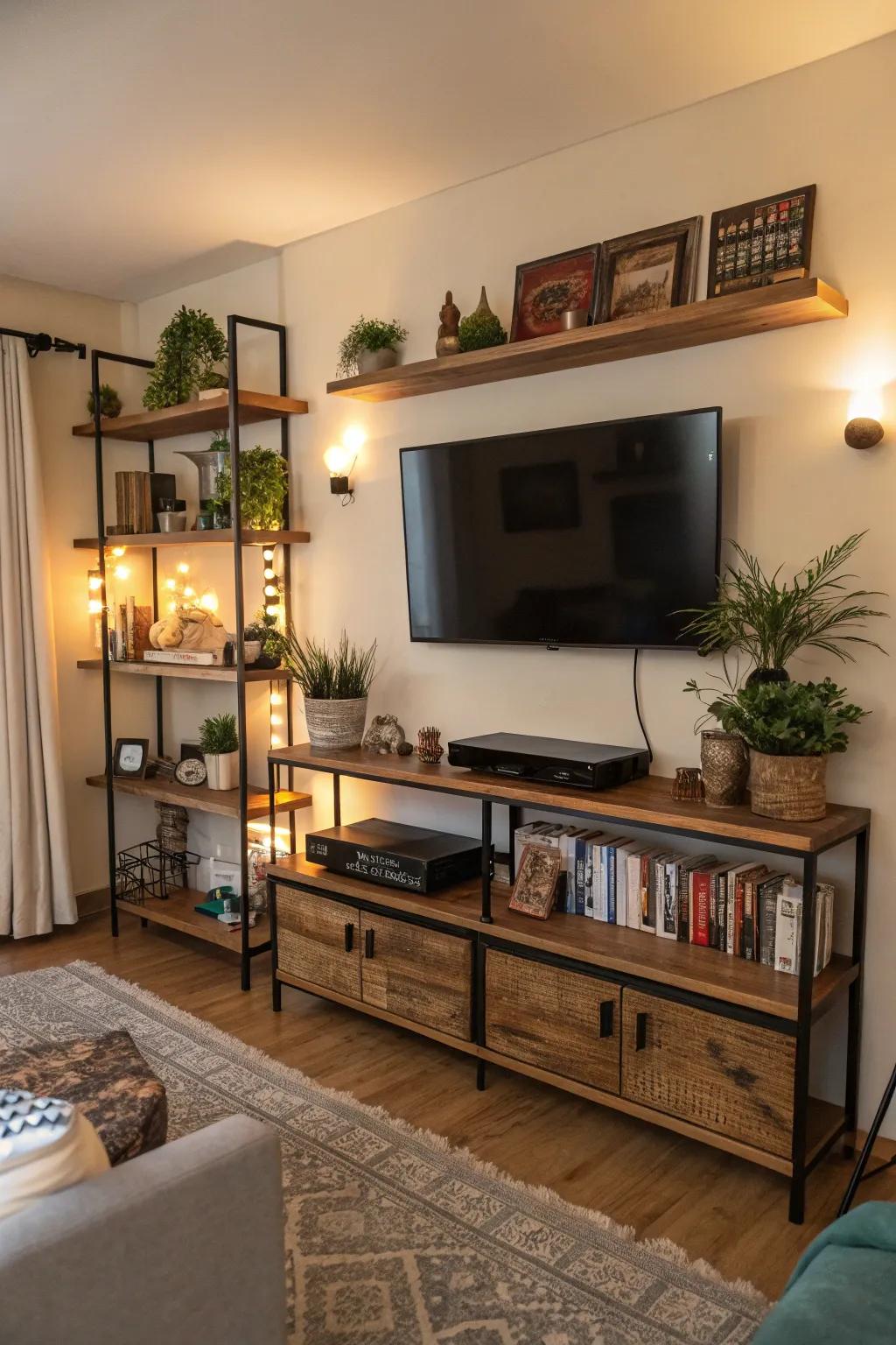 Maximize space with vertically stacked floating shelves around your TV.