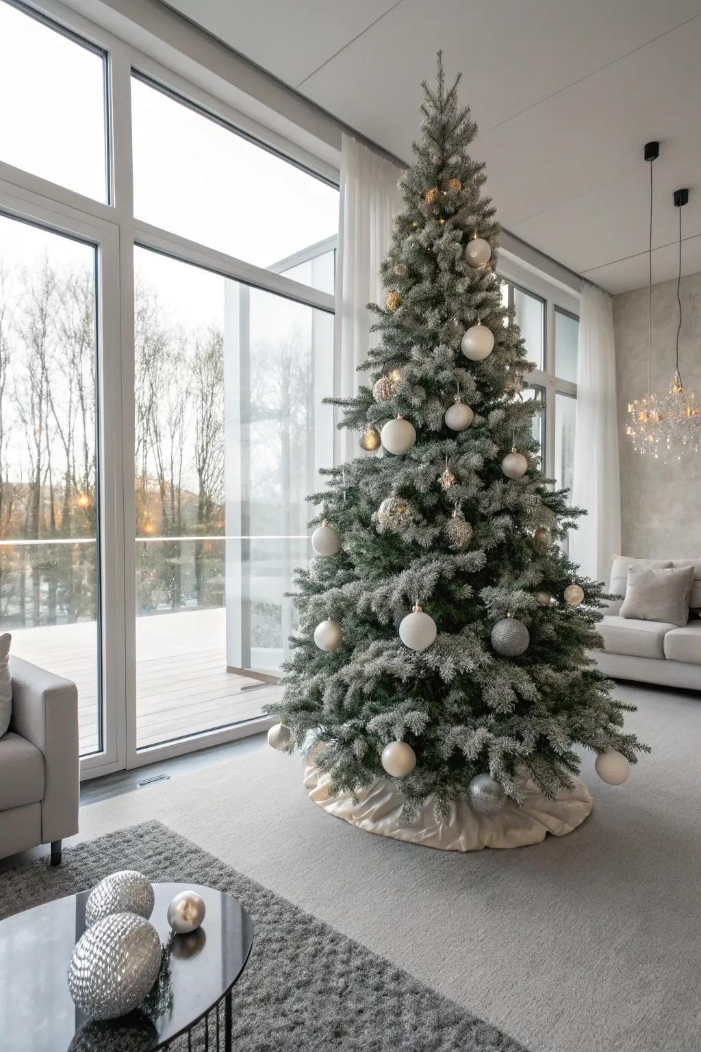 A minimalist and elegant flocked Christmas tree with neutral tones.