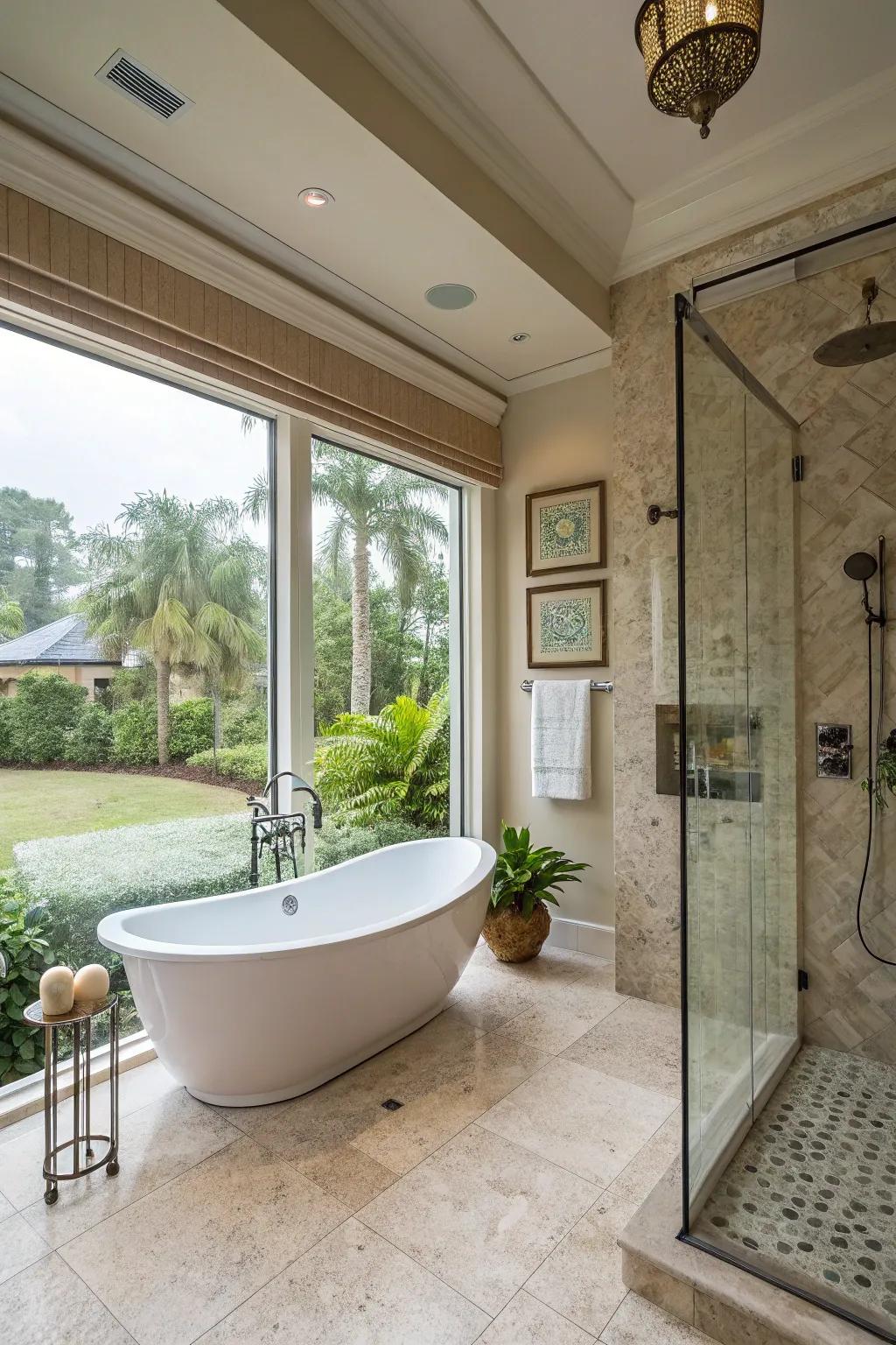 A spa-like sanctuary with a freestanding tub and rainfall shower.