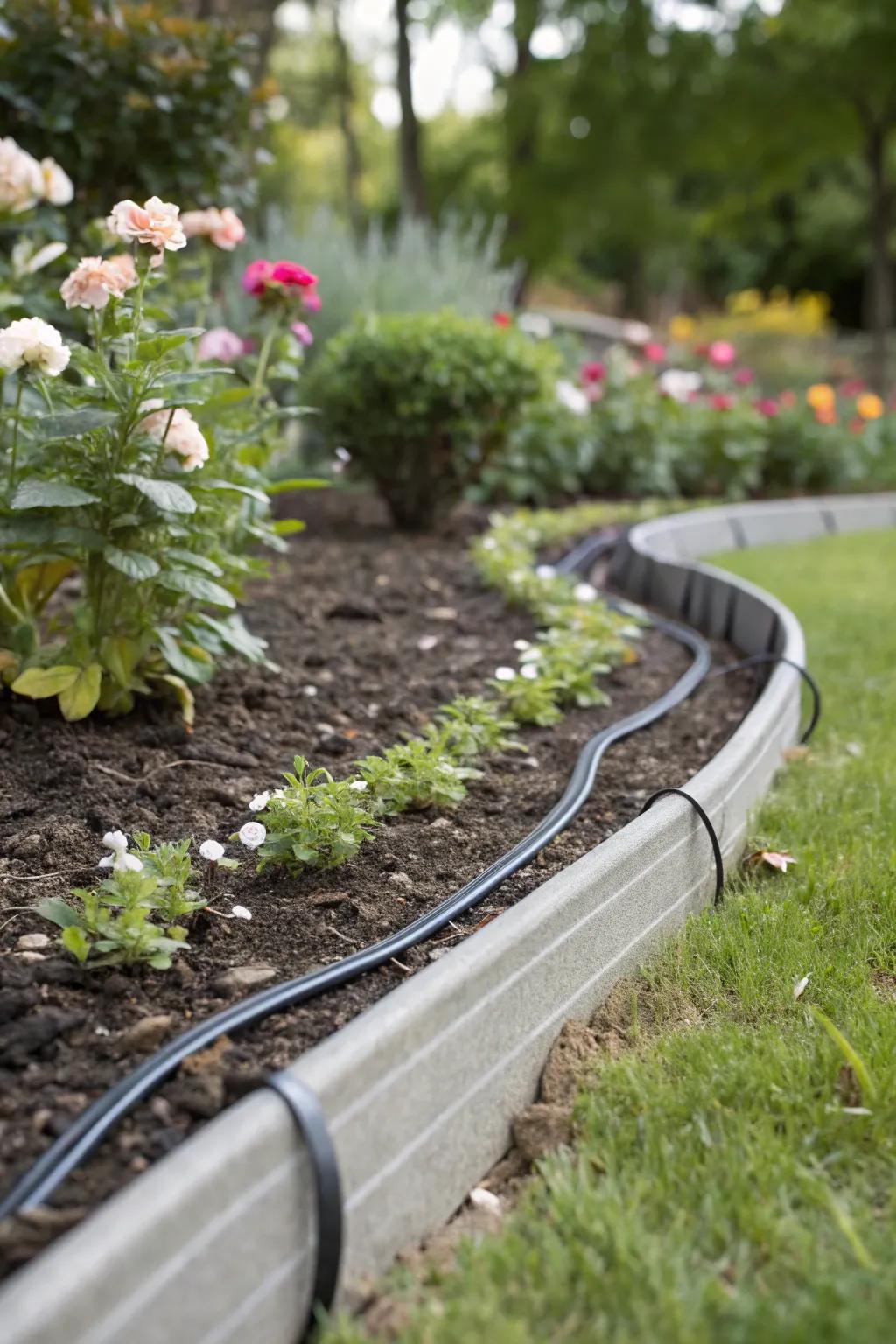 Plastic edging offers flexibility for smooth, curved flower bed borders.