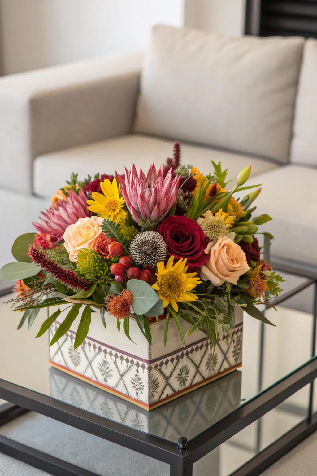 A unique boxed flower bouquet offering an elegant birthday surprise.