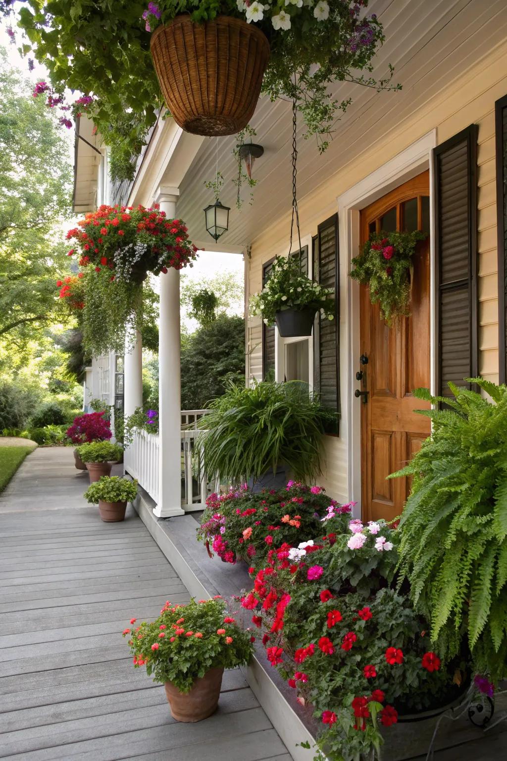 Lush greenery creates a refreshing porch space.