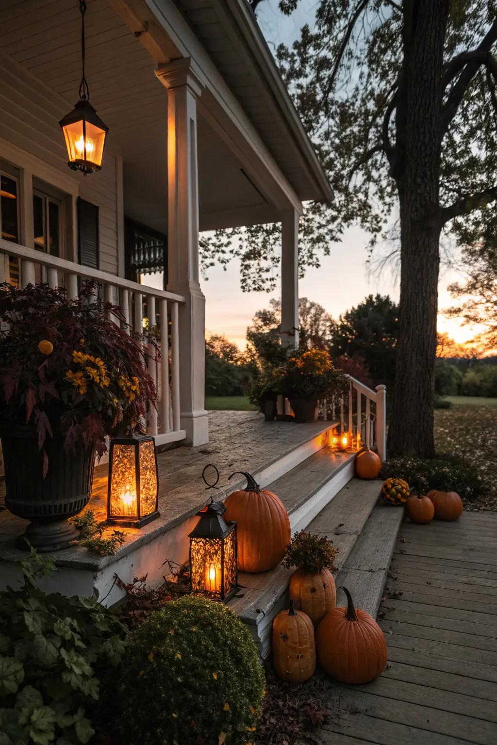 Lanterns add a warm glow to evening porch displays.