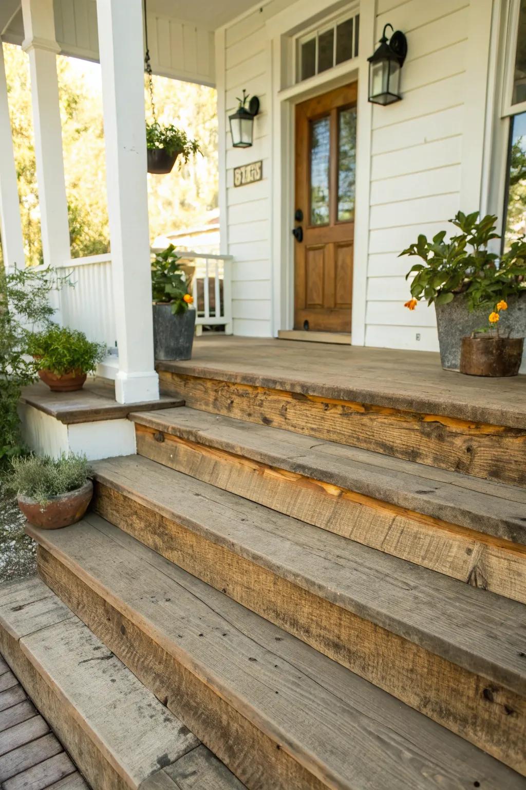 Wooden overlays bring rustic charm to your front steps.