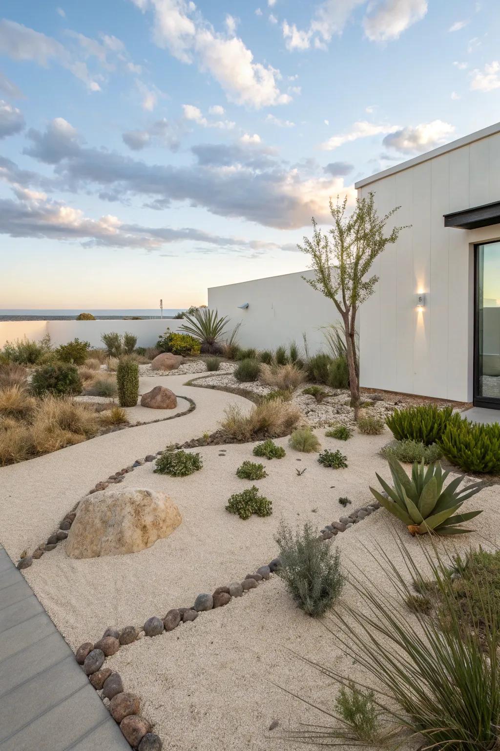 Sand features offer a tranquil, minimalist aesthetic.