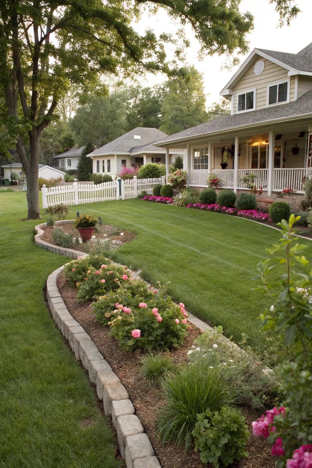 Expansive lawn area creating openness in a ranch front yard