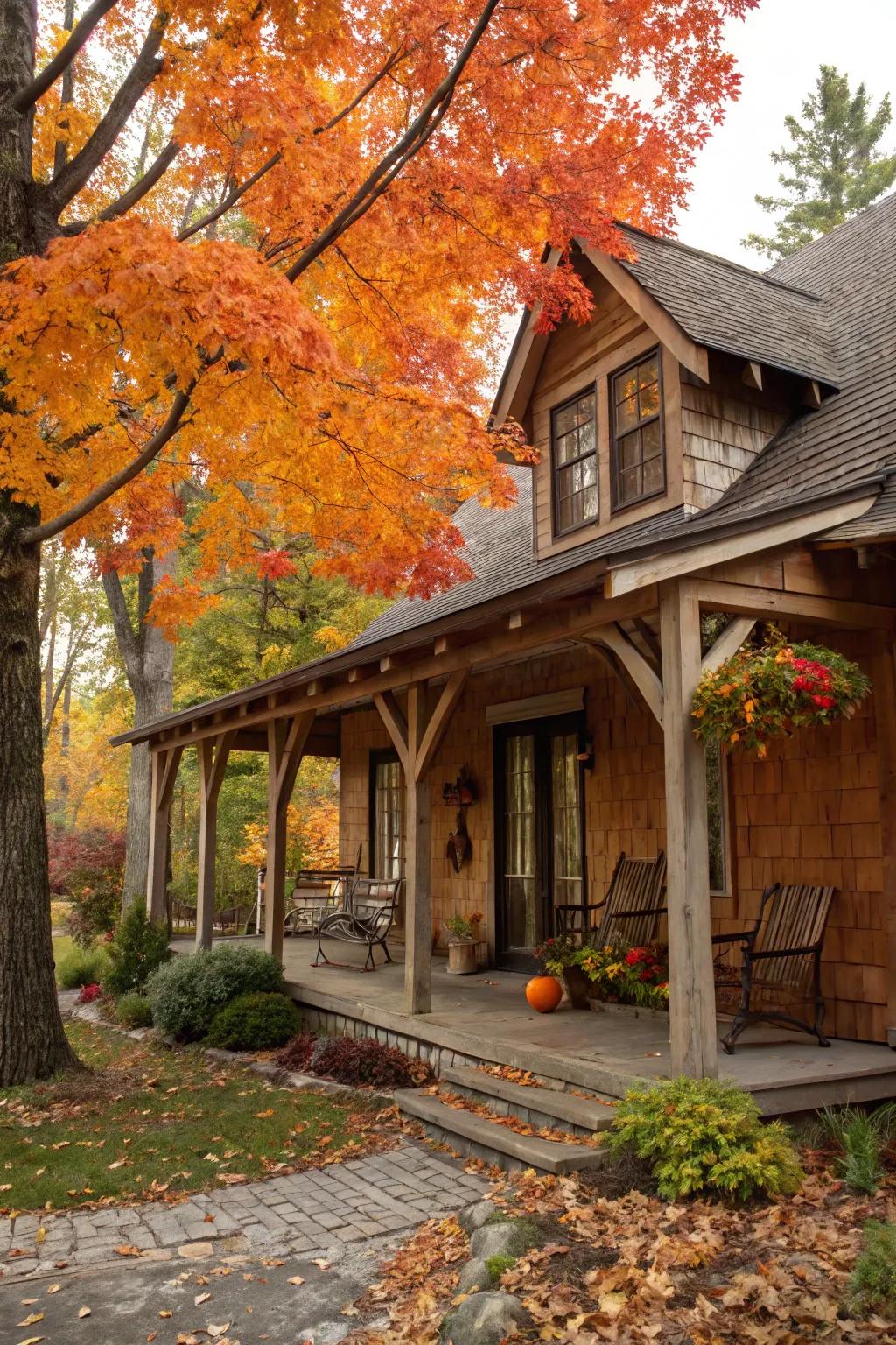 Wooden brackets add rustic charm to gables.