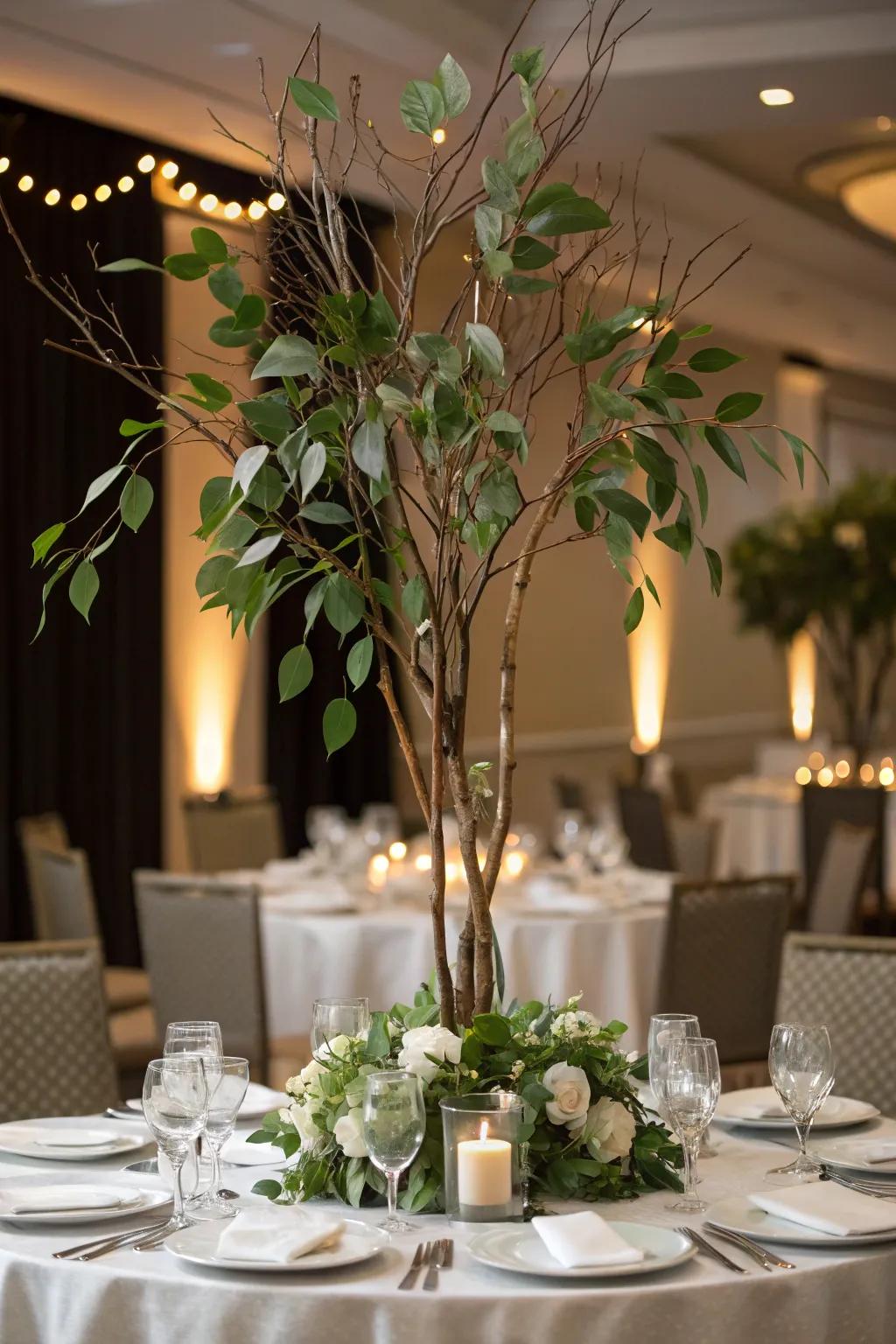 Natural elements like branches and leaves add a rustic touch.