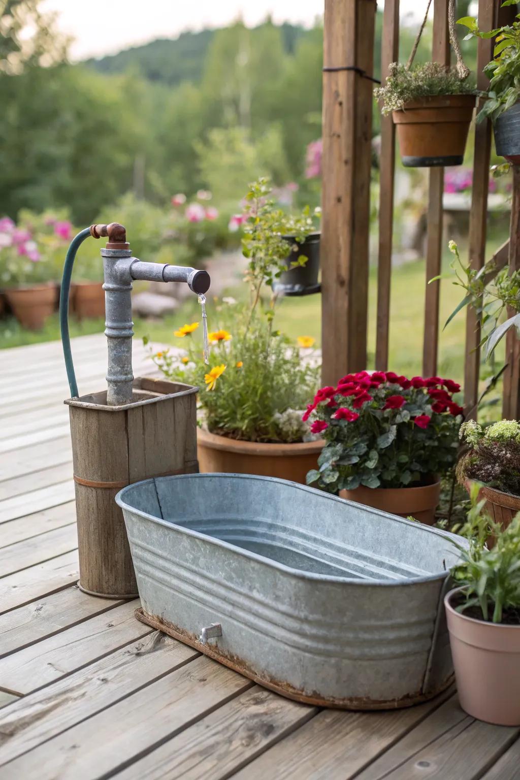 A charming patio water element with a galvanized trough and spout.