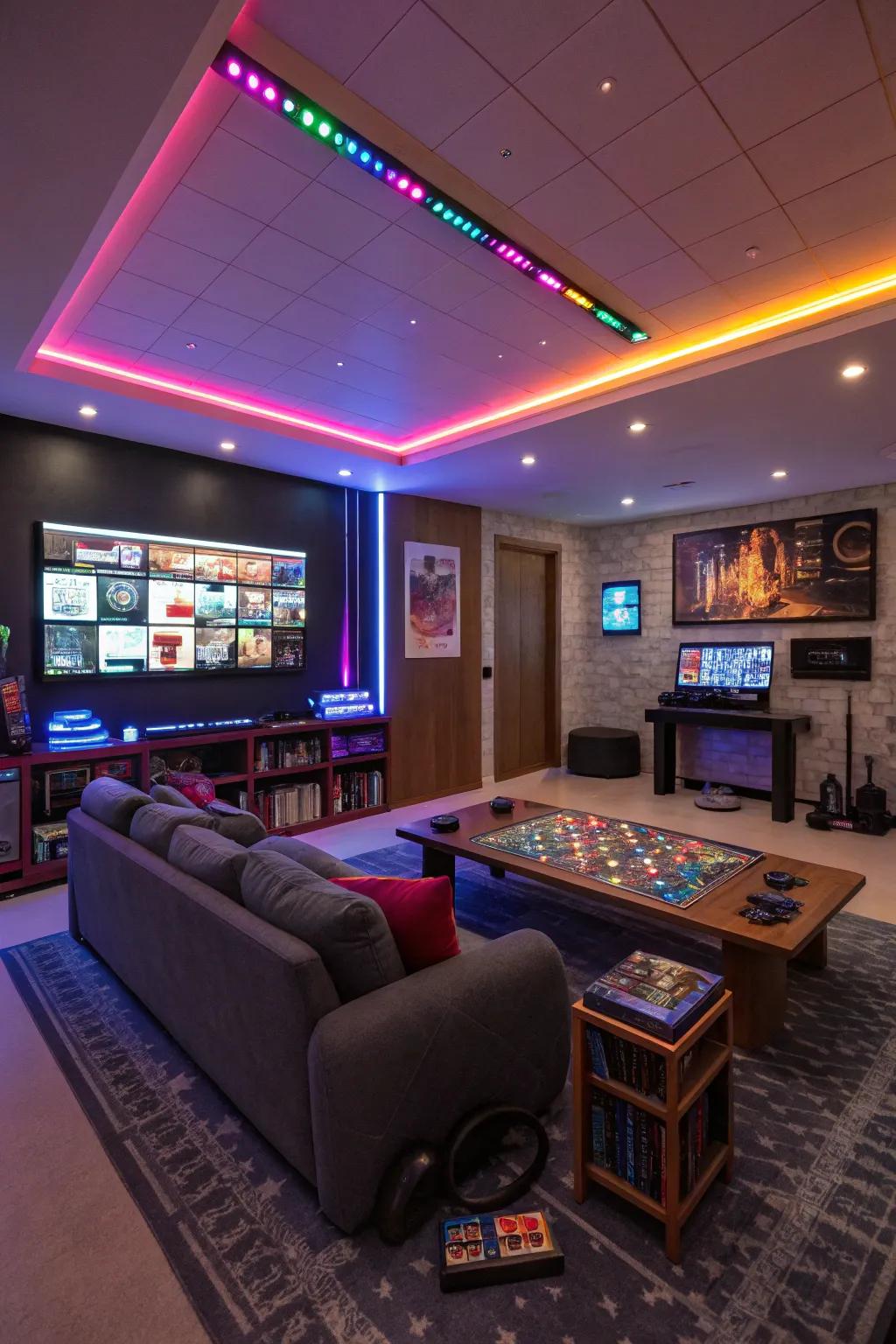 Vibrant lighting setting the mood in a dynamic game room.