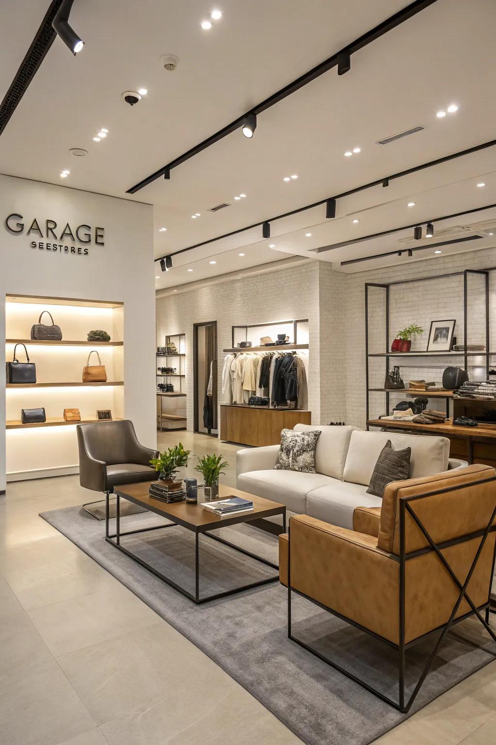 Garage boutique with a modern aesthetic featuring neutral colors and sleek furniture.