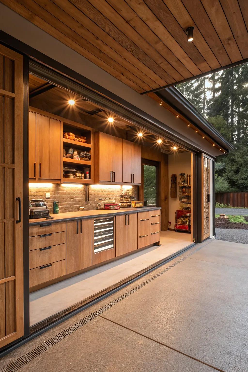 Earthy tones bring warmth and coziness to this garage space.