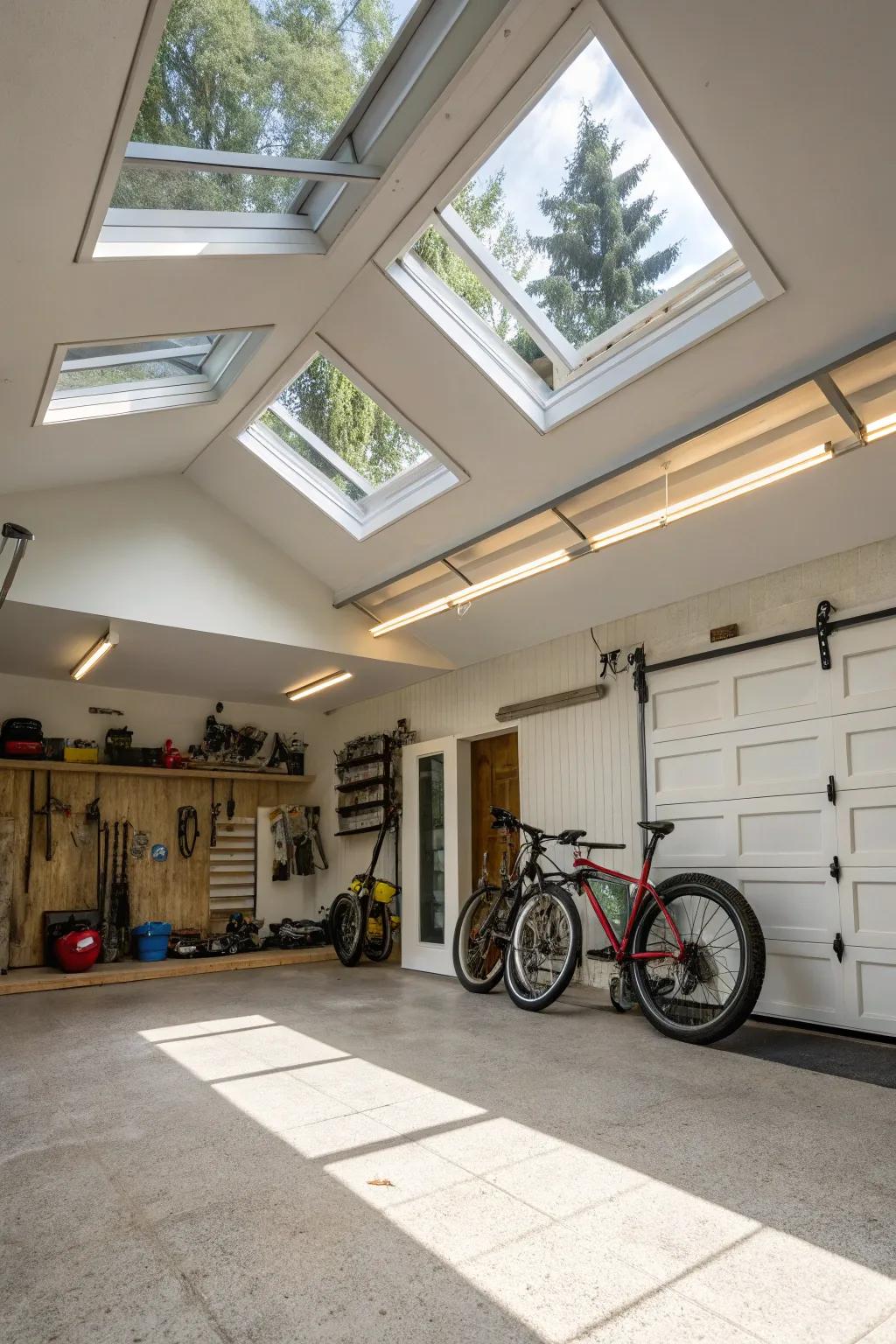 A sunlit garage interior with strategically placed skylights.