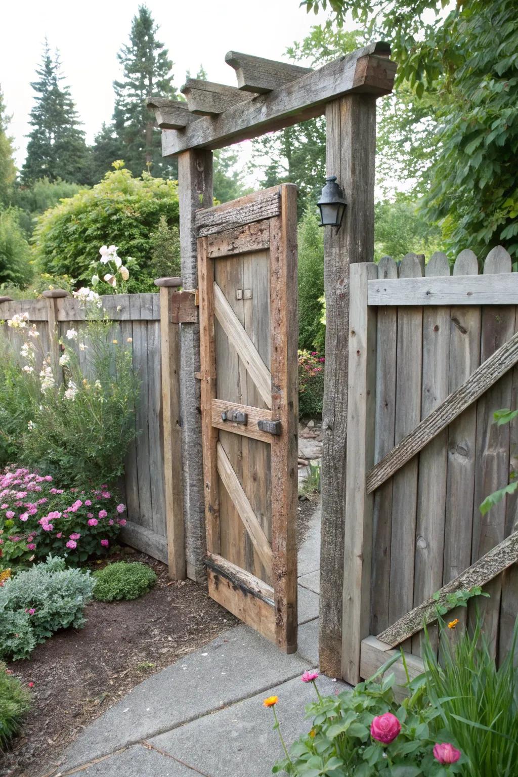 DIY reclaimed barn wood gate adds a personal touch to your garden.