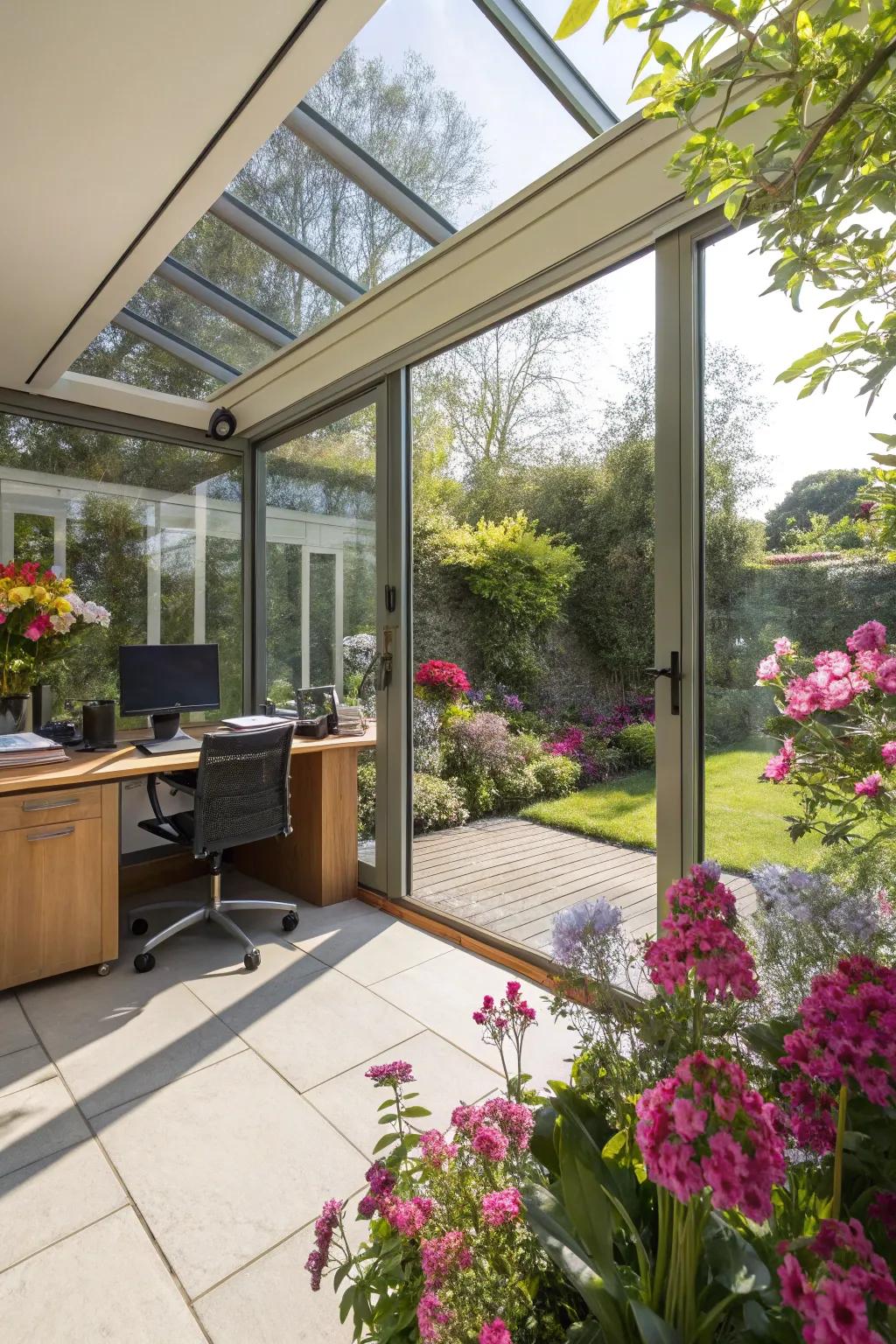 A sunlit garden office with glass walls, offering a bright and airy environment.