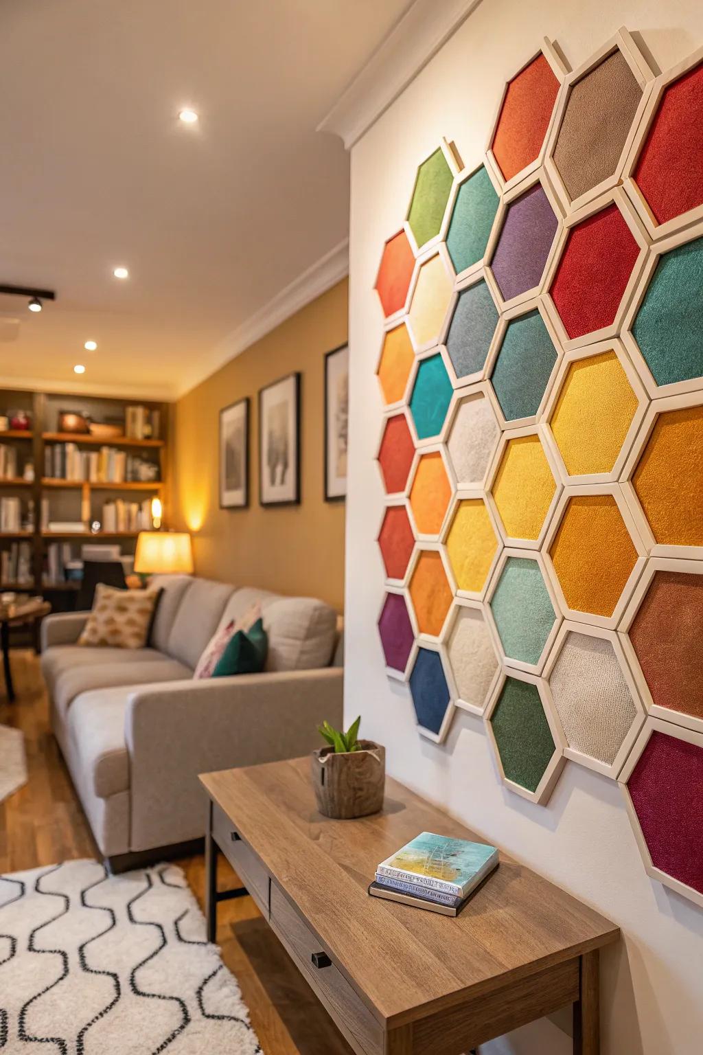 Hexagon patterns create a harmonious and playful atmosphere.