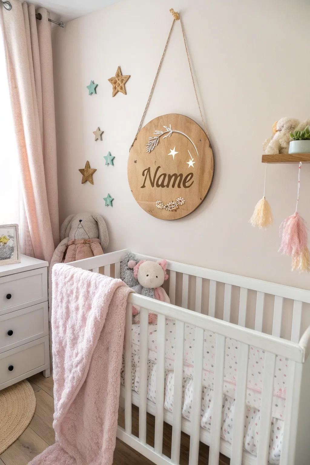 A personalized name sign adds a unique touch to the nursery.