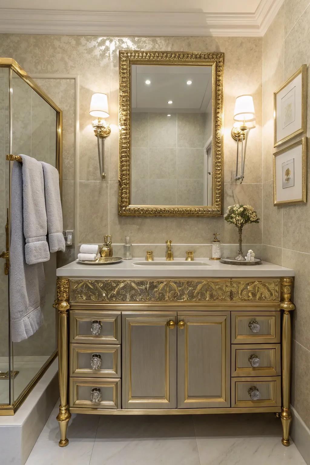 A modern bathroom with gold fixtures and silver decor elements.