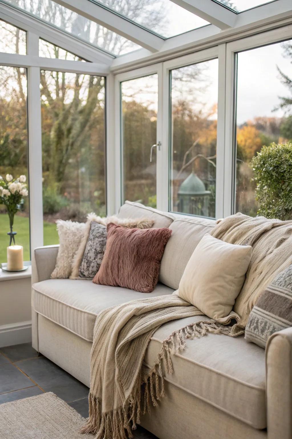 A cozy corner sofa perfect for lounging in a glass extension.