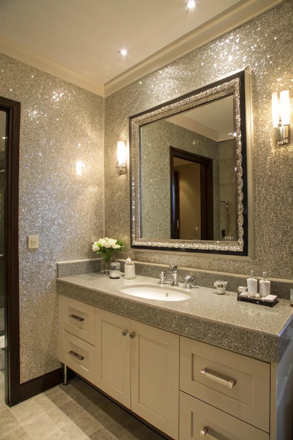 A glitter accent wall adds luxury to a bathroom.