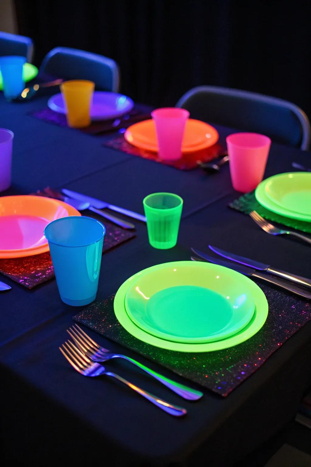 Neon tableware completes the glowing theme with style.