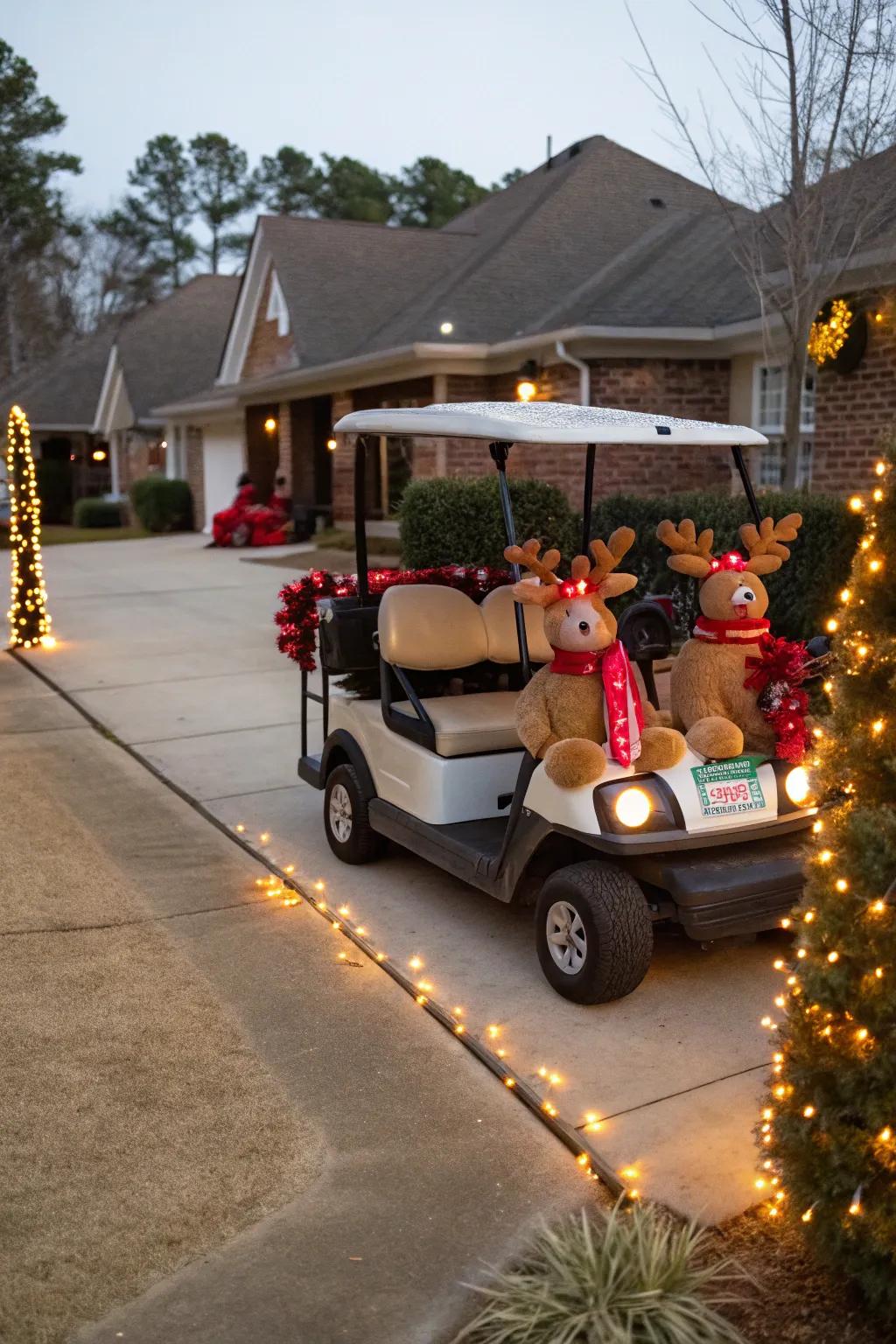 Rudolph leads the way on this festive golf cart.