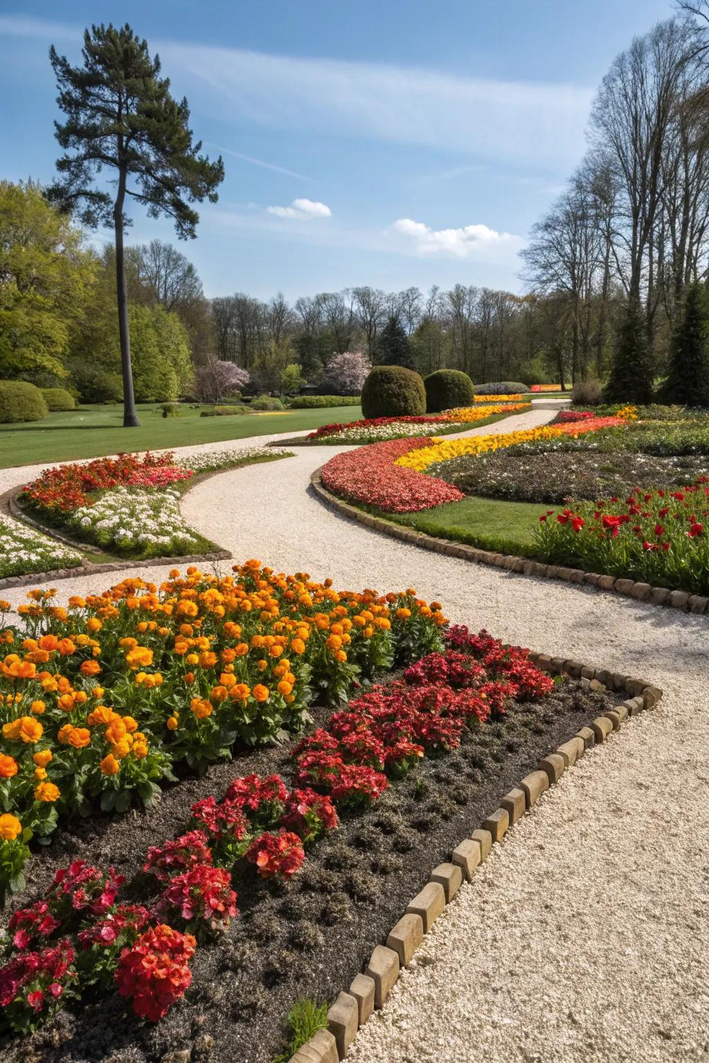 A flower bed with contrasting gravel colors for a stunning effect