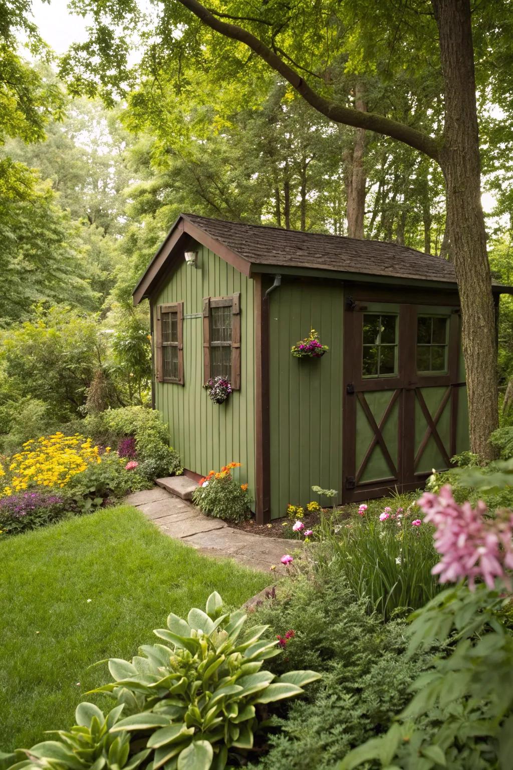 An olive green shed harmonizes beautifully with its natural setting.