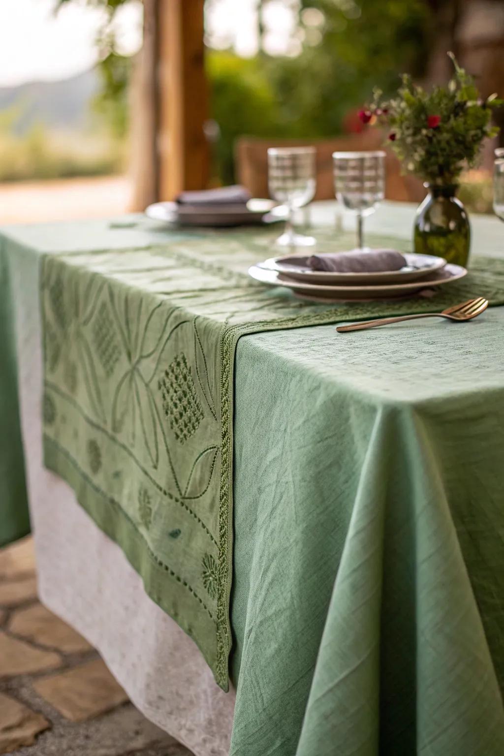 A textured green tablecloth adding depth to the setting.