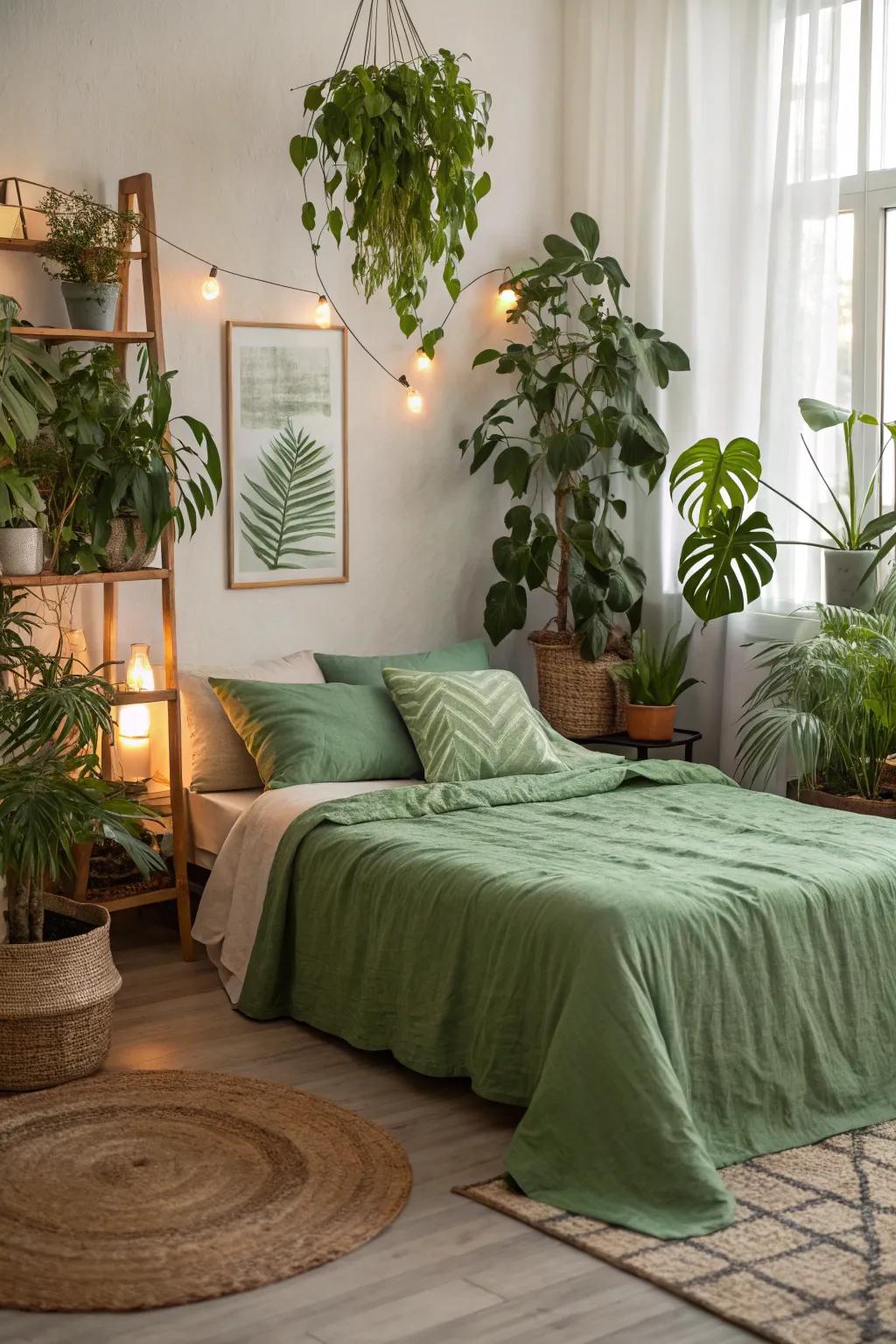 A tranquil bedroom with green bedding.
